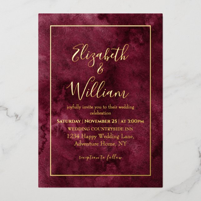 Elegante Hochzeit im Burgund und im Gold Watercolo Folieneinladung (Vorderseite)