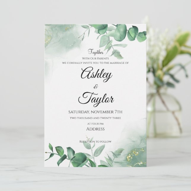 Elegante Hochzeit im Grünen Einladung (Stehend Vorderseite)