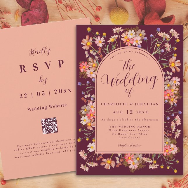 Elegante Hochzeit im Herbst Arch Burgund Einladung (Elegant wildflower arch burgundy fall wedding invitation with RSVP website qr code)