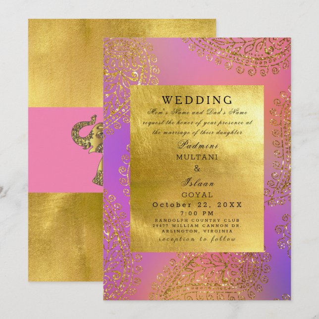 Elegante Hochzeit im indischen Stil mit Gold und P Einladung (Vorne/Hinten)