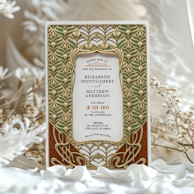 Elegante Hochzeit im Stil von Gold und Grün Einladung (Von Creator hochgeladen)