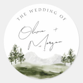 Elegante Hochzeit im Wald der Wasserfarben Runder Aufkleber