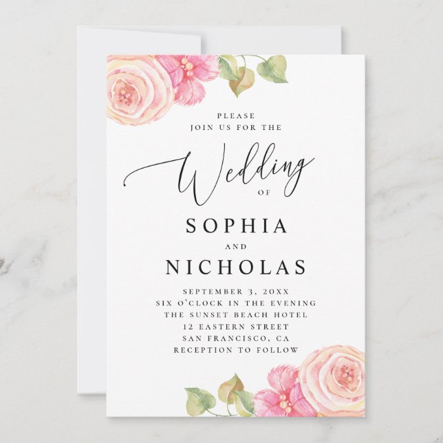 Elegante Hochzeit in Aquarellfarbe Rosa Blütenblüt Einladung (Vorderseite)