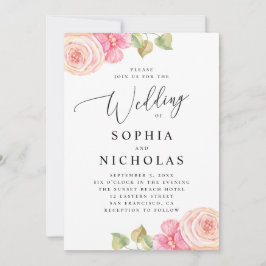 Elegante Hochzeit in Aquarellfarbe Rosa Blütenblüt Einladung