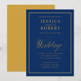 Elegante Hochzeit in blau und gelb Gold Einladung
