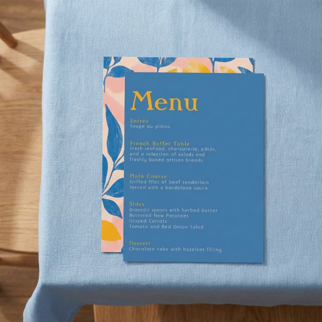 Elegante Hochzeit in Blau und Gelb Menükarte (Von Creator hochgeladen)