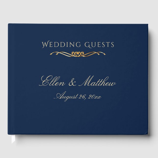 Elegante Hochzeit in Blau und Gold Gästebuch (Vorderseite)