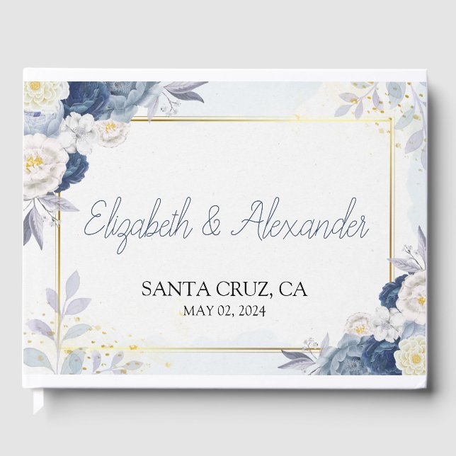 Elegante Hochzeit in Blau und Gold Gästebuch (Vorderseite)