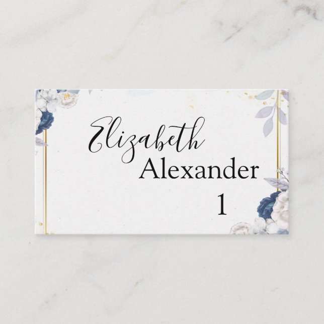 Elegante Hochzeit in Blau und Gold Platzkarte (Vorderseite)