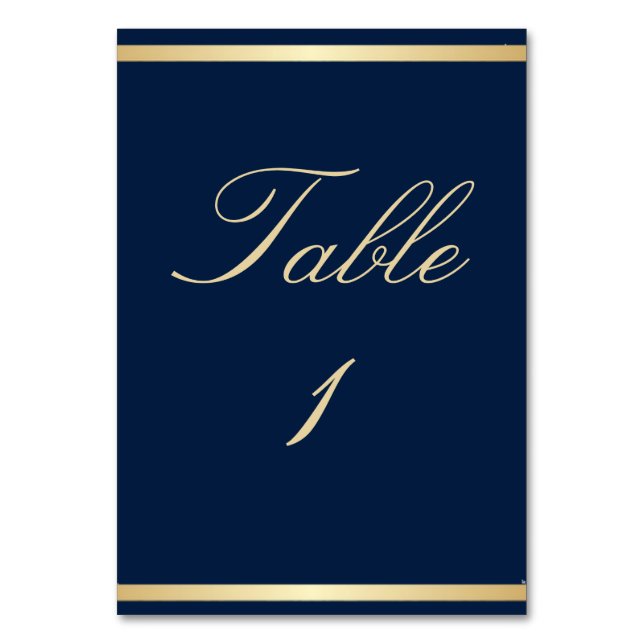 Elegante Hochzeit in Blau und Gold Tischnummer (Vorderseite)