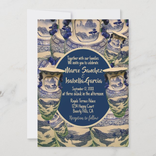 Elegante Hochzeit in Blau und Weiß der Chinoiserie Einladung (Vorderseite)