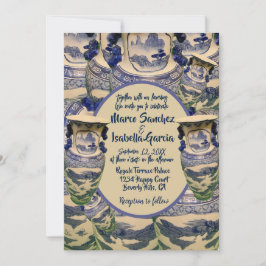 Elegante Hochzeit in Blau und Weiß der Chinoiserie Einladung