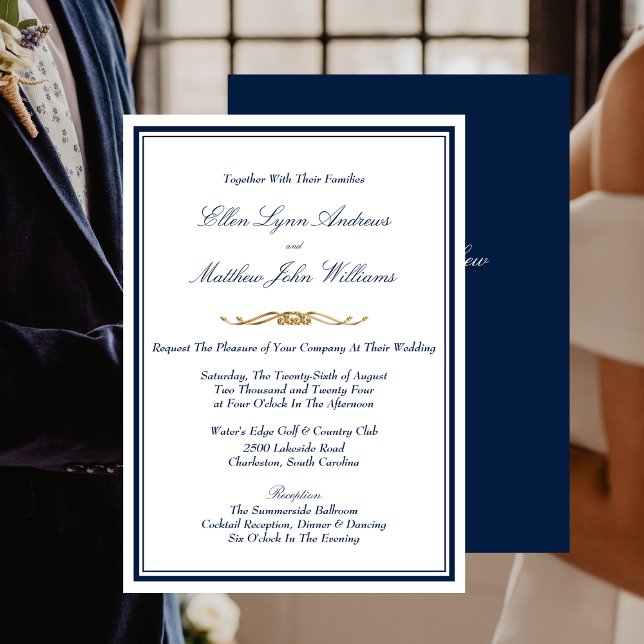 Elegante Hochzeit in Blau, Weiß und Gold Einladung (Elegant Navy Blue, White and Gold Wedding Invitation)
