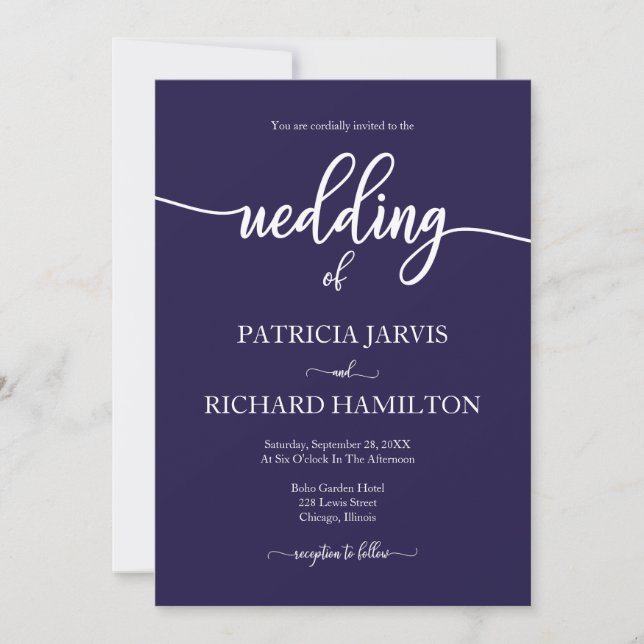 Elegante Hochzeit in blau-weißer Kalligrafie Einladung (Vorderseite)
