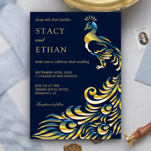 Elegante Hochzeit in Blue und Gold Peacock Einladu Einladung