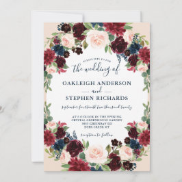 Elegante Hochzeit in Burgund, Navy und Rosa Einladung