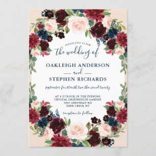 Elegante Hochzeit in Burgund, Navy und Rosa Einladung