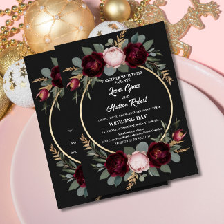 Elegante Hochzeit in Burgund, Schwarz und Gold Einladung