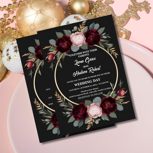 Elegante Hochzeit in Burgund, Schwarz und Gold Einladung (Von Creator hochgeladen)
