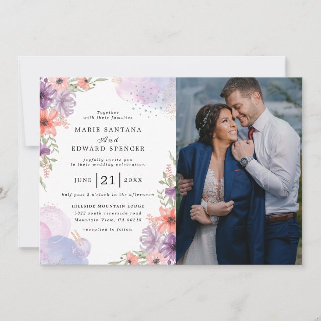 Elegante Hochzeit in Flora und Foto Einladung (Vorderseite)