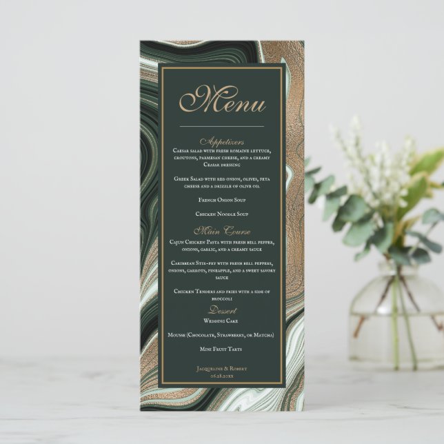 Elegante Hochzeit in Grün und Gold Menükarte (Stehend Vorderseite)