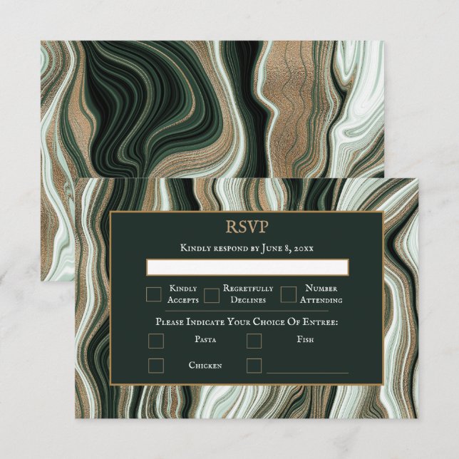 Elegante Hochzeit in Grün und Gold RSVP Karte (Vorne/Hinten)