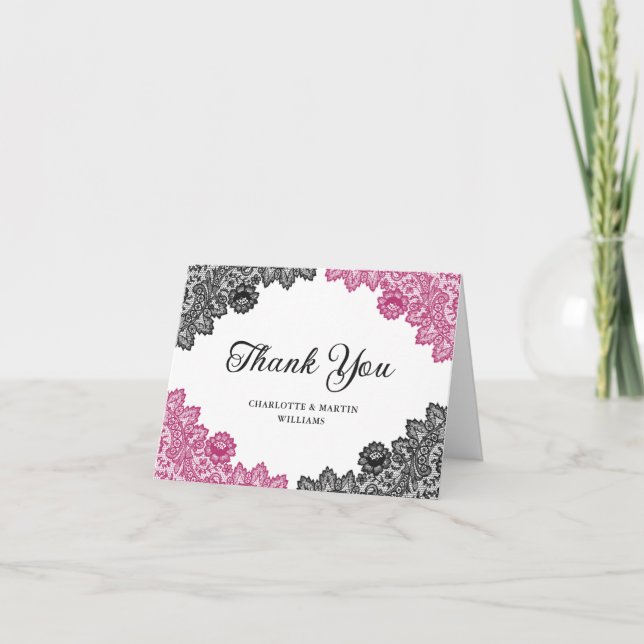 Elegante Hochzeit in Hot Pink und Black Floral Lac Dankeskarte (Vorderseite)