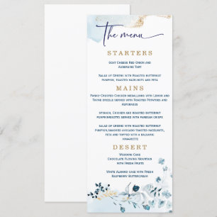 Elegante Hochzeit in Marineblau und Gold Menükarte