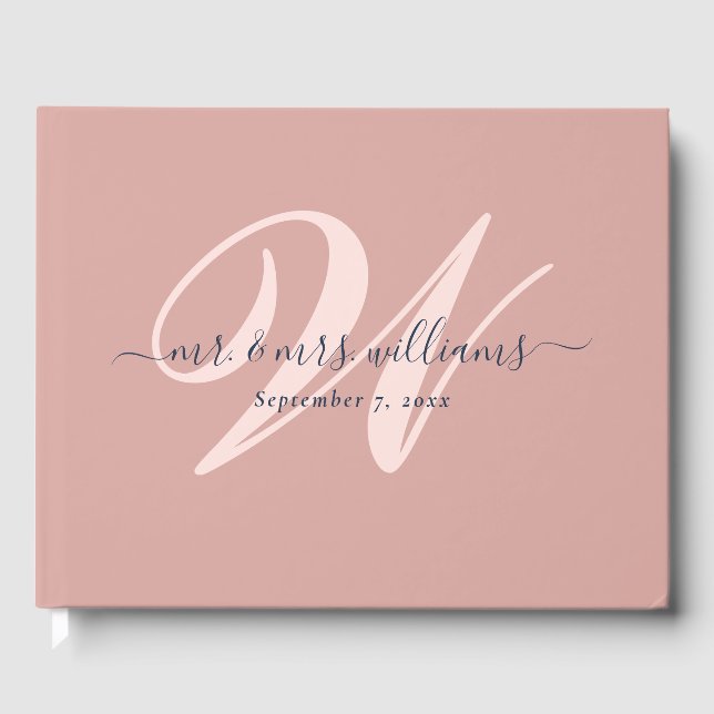 Elegante Hochzeit in Navy Blue und Blush Monogram Gästebuch (Vorderseite)