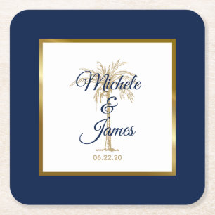 Elegante Hochzeit in Navyblau und Gold mit Palme Rechteckiger Pappuntersetzer