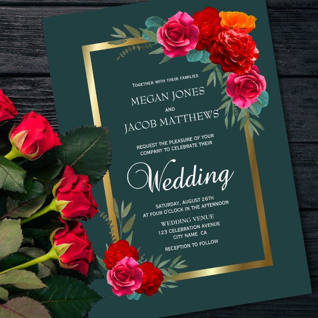 Elegante Hochzeit in Red Aquamarin Gold Floral Einladung (Von Creator hochgeladen)