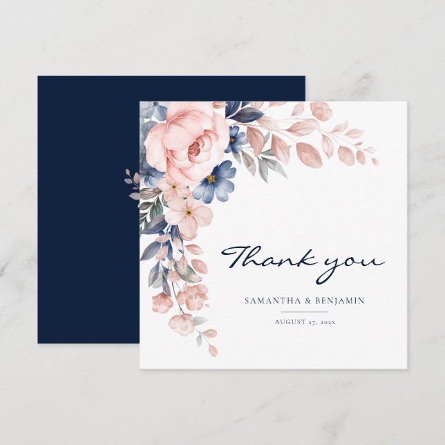 Elegante Hochzeit in Rosa Blau Dankeskarte (Vorne/Hinten)