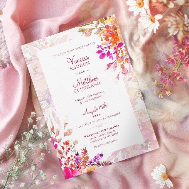 Elegante Hochzeit in Rosa und Orange Wasserfarbe Einladung (Pink and Orange Watercolor Floral Blooms Wedding Invitation)
