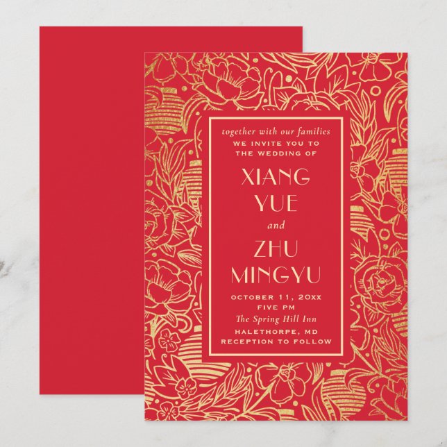 Elegante Hochzeit in Rot-Blumen. Chinesisch Einladung (Vorne/Hinten)