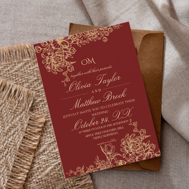Elegante Hochzeit in Rot & Gold Garden Einladung (Von Creator hochgeladen)