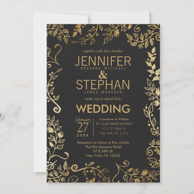 Elegante Hochzeit in Schwarz und Gelb Einladung (Vorderseite)