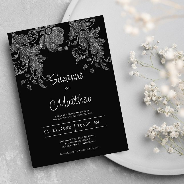 Elegante Hochzeit in Schwarz-Weiß-Blumen Einladung (Elegant black and white floral lace wedding)