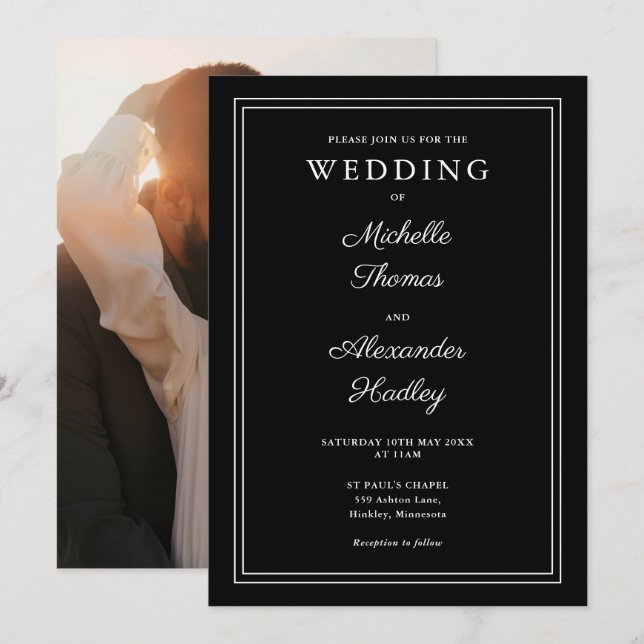 Elegante Hochzeit in Schwarz-Weiß-Foto Einladung (Vorne/Hinten)