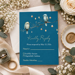 Elegante Hochzeit in Tealblau mit Waldvögeln und G RSVP Karte
