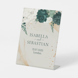 Elegante Hochzeit in Waldgrün und Roségold Sockelschild
