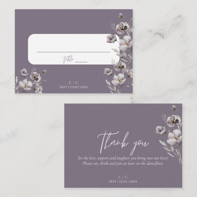 Elegante Hochzeit lila Aquarellfarben danke Platzkarte (Vorne/Hinten)