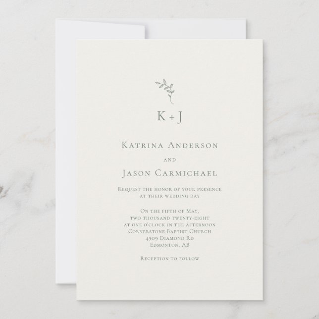Elegante Hochzeit Minimaler Salbeigrüner Monogramm Einladung (Vorderseite)