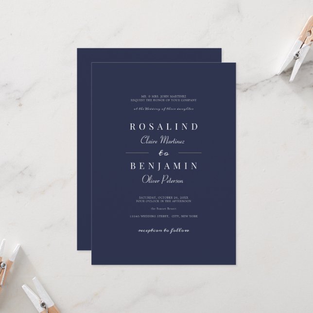 Elegante Hochzeit Minimalistischer Navy Einladung (Vorderseite/Rückseite Beispiel)