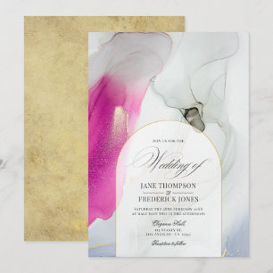 Elegante Hochzeit mit Alkohol-Tinte in Rosa, Grau Einladung
