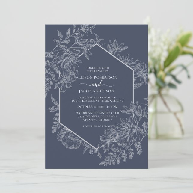 Elegante Hochzeit mit Blau und Weiß Geometrischer  Einladung (Stehend Vorderseite)