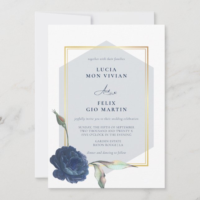 Elegante Hochzeit mit blauem goldenen Rahmen Einladung (Vorderseite)