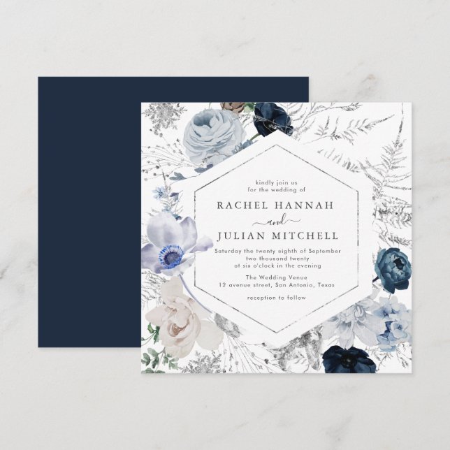 Elegante Hochzeit mit blauen Aquarellen Einladung (Vorne/Hinten)
