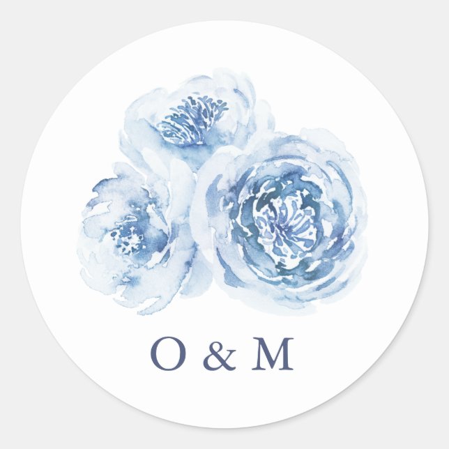 Elegante Hochzeit mit blauen Aquarellen Runder Aufkleber (Vorderseite)
