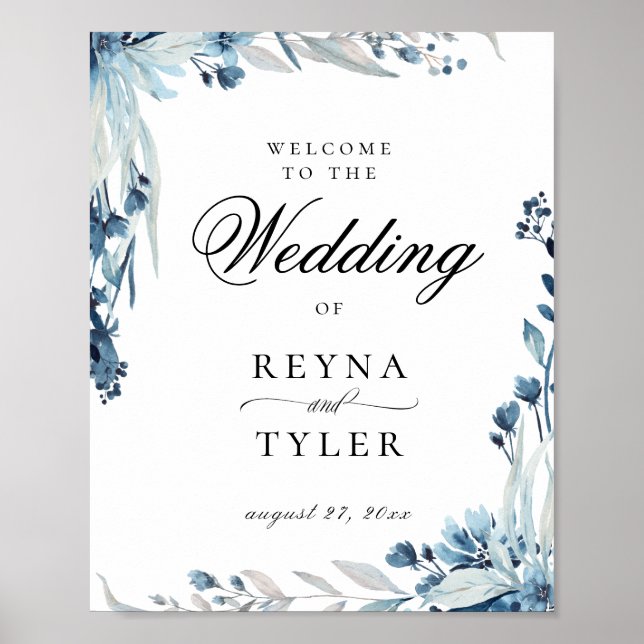 Elegante Hochzeit mit Blauen Botanischen Pflanzen  Poster (Vorne)