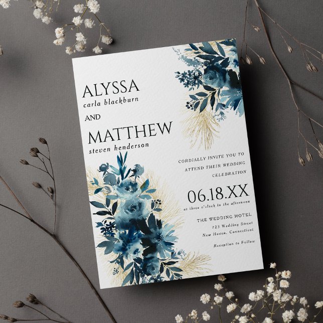 Elegante Hochzeit mit blauen Goldmedaille Einladung (Elegant navy blue gold watercolor floral wedding invitation )